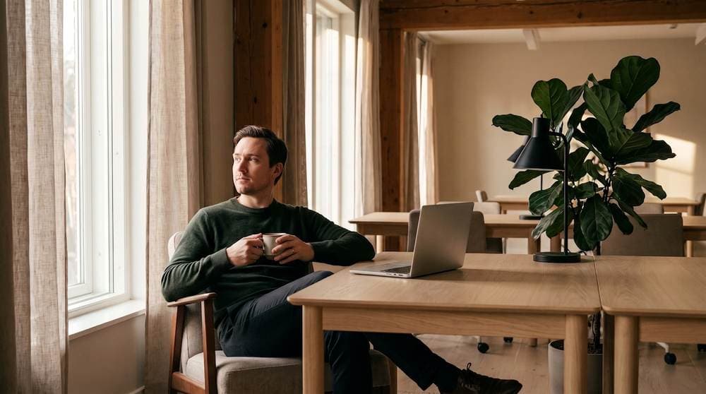 Someone sitting back with a coffee beside a closed laptop in a light shared workspace